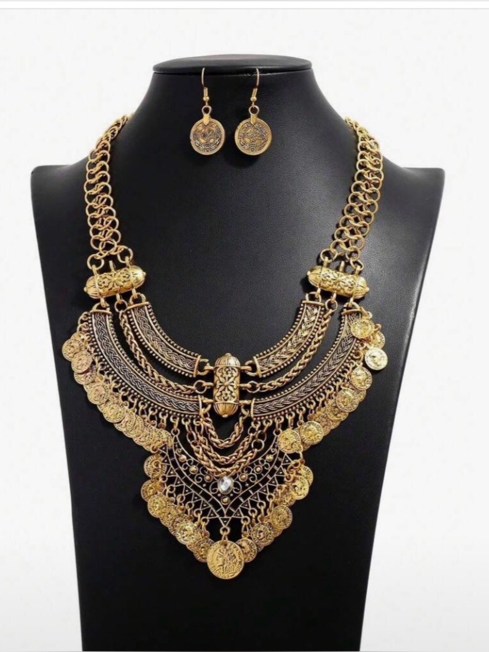 ✨NEW Antique Gold Statement Bib Necklace and Earrings Set - Ethnic Coin Design